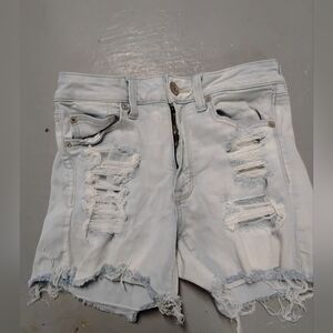 High-Rise Distressed Light Wash Denim Shorts Ameracen Egal